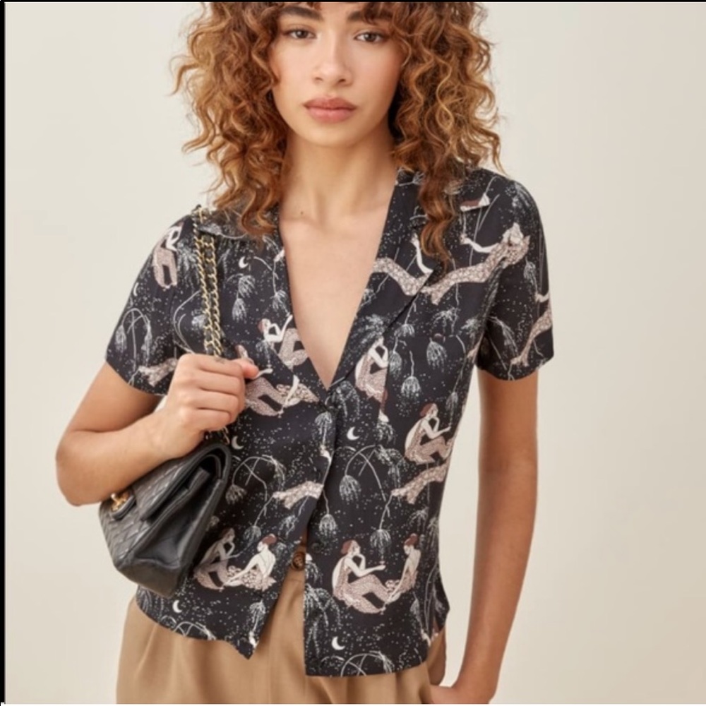 Reformation Black Celestial Print Button-Down Shirt - Picture 2 of 13